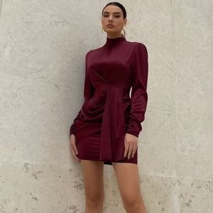 Fashion Nova Raise Your Glass Satin Long Sleeve Brown Red Mini Dress